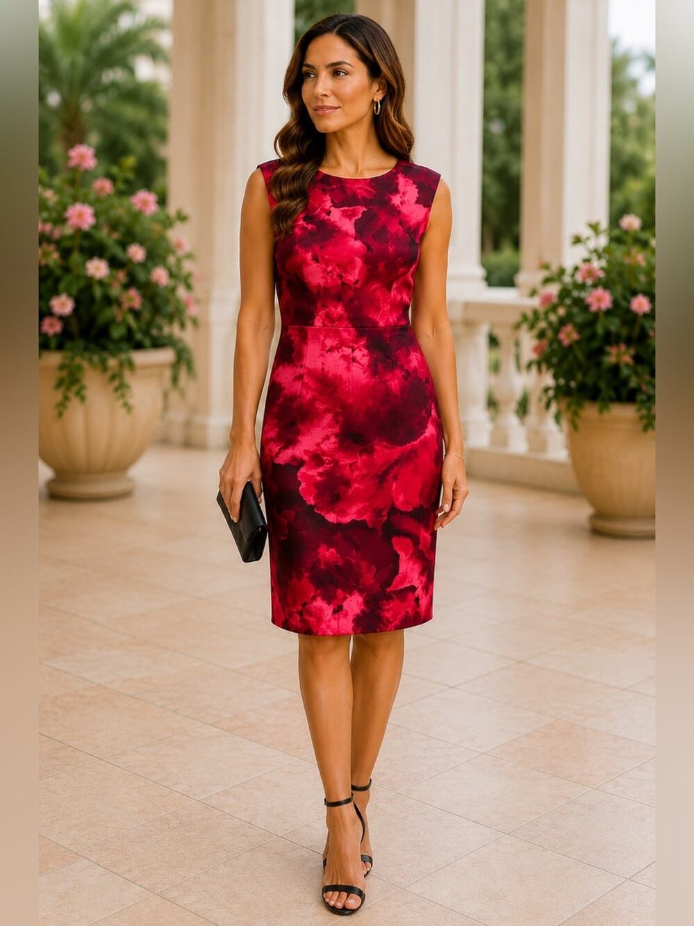 DKNY Floral Sheath Dress Scuba Material Red Pink Midi Cocktail Dress Size 4 NWT